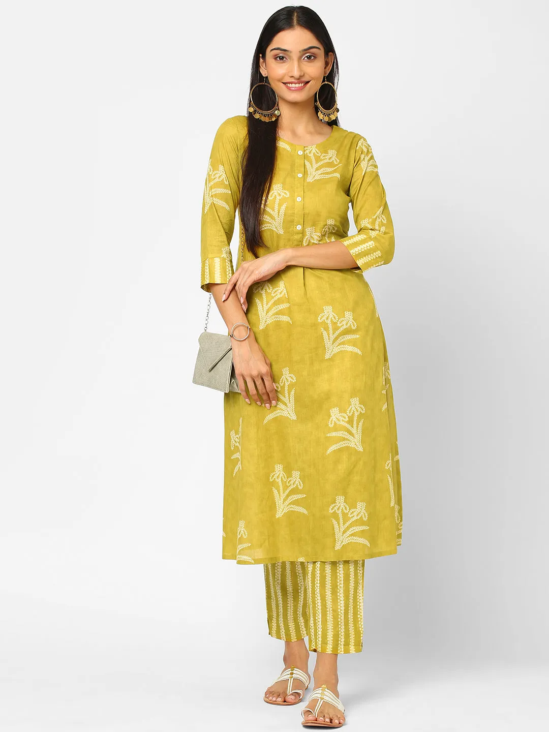 A line cotton printed kurta with placket detailing paired with printed bottom