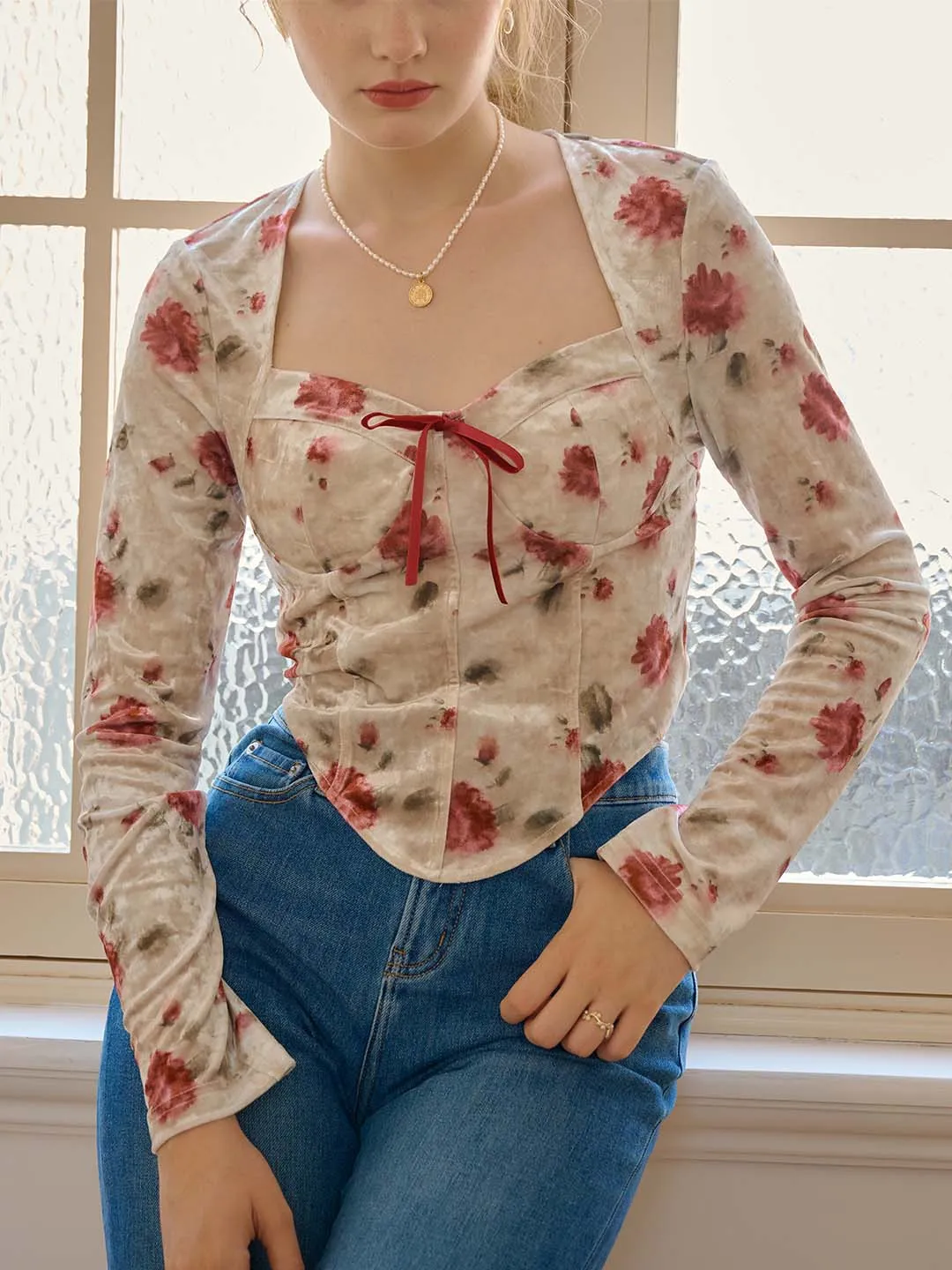 Allison Floral Print Knot Front Bandana Hem Crop Blouse