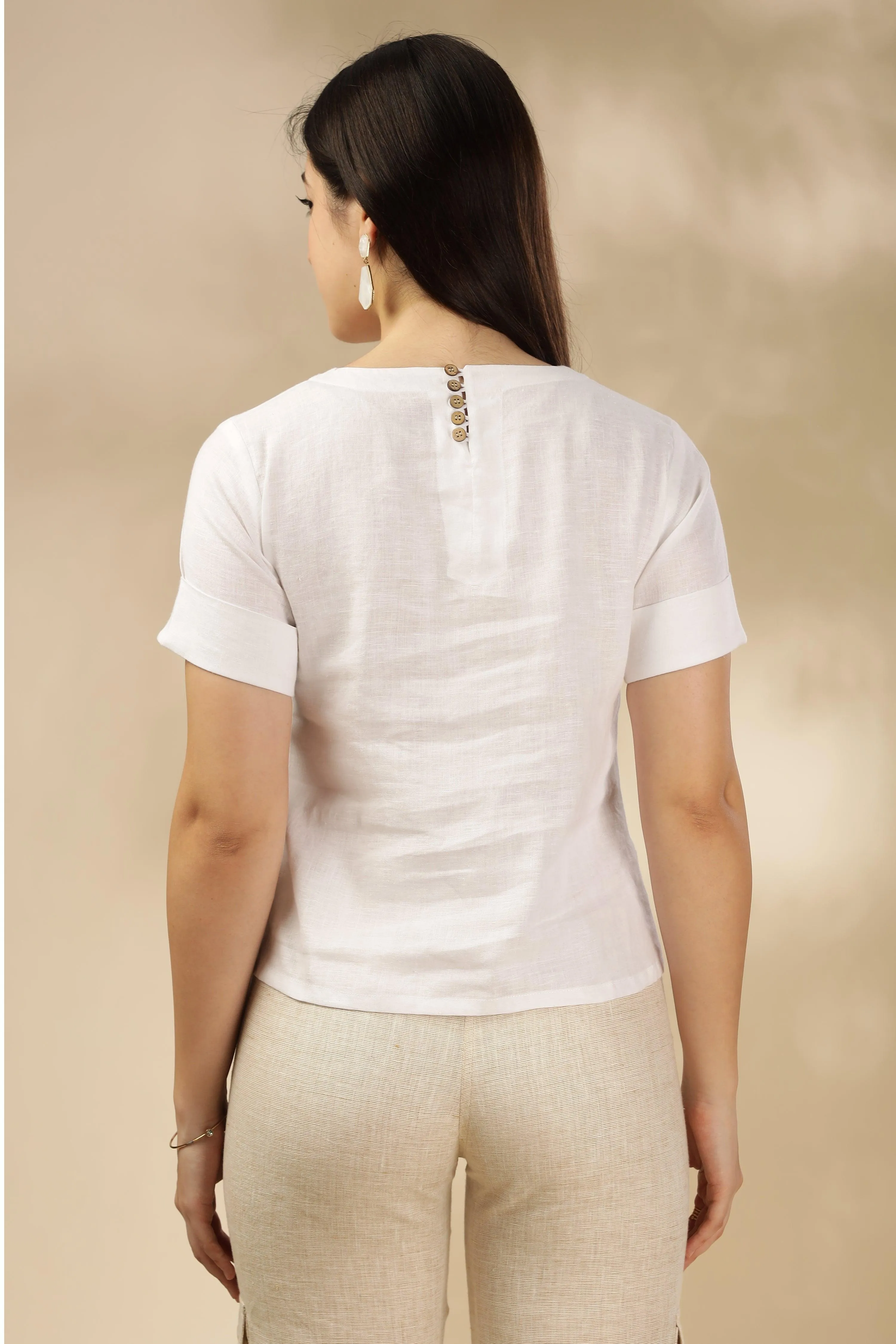 AMORA - Timeless Elegance Pure Linen Top  Round Neck - White