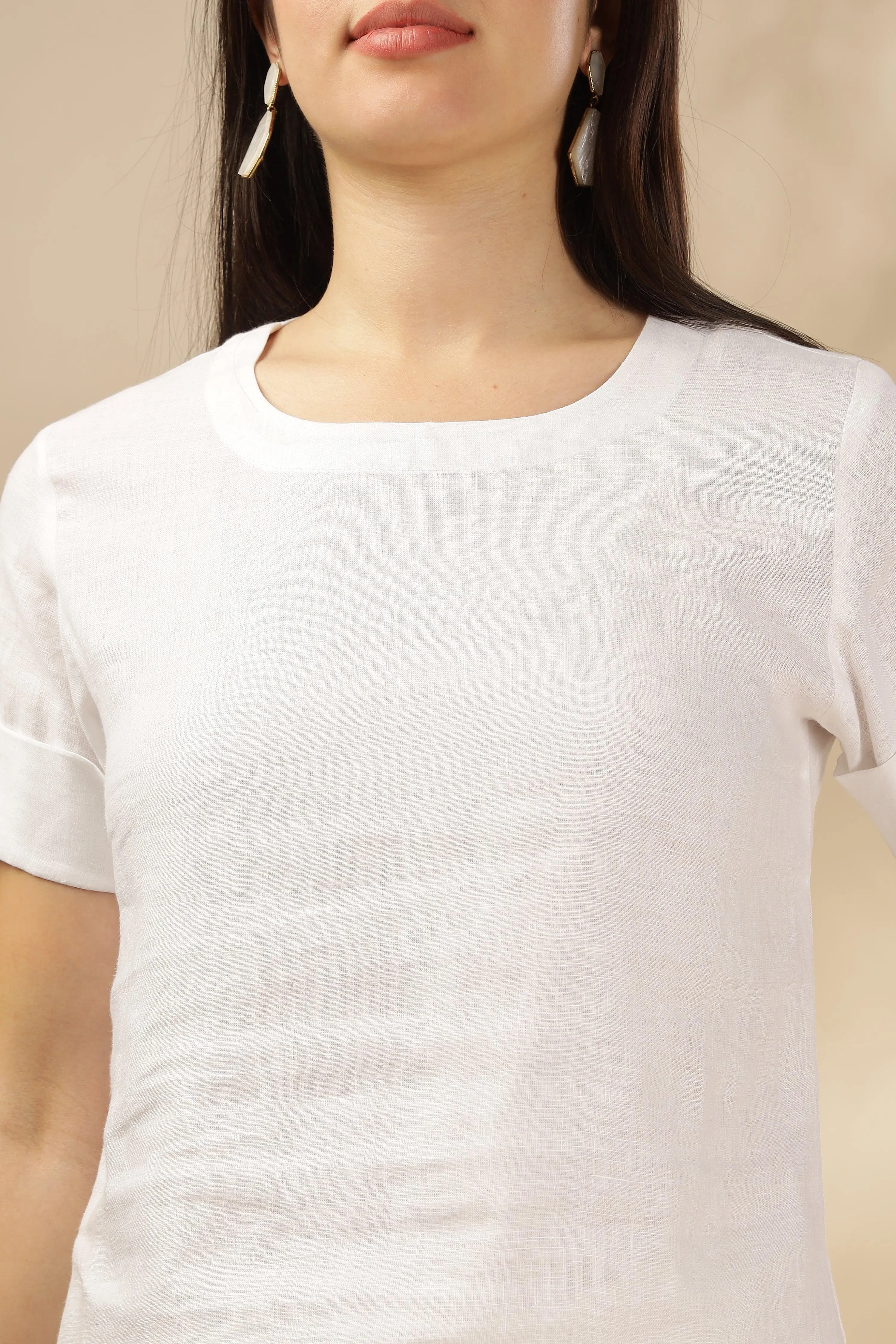 AMORA - Timeless Elegance Pure Linen Top  Round Neck - White