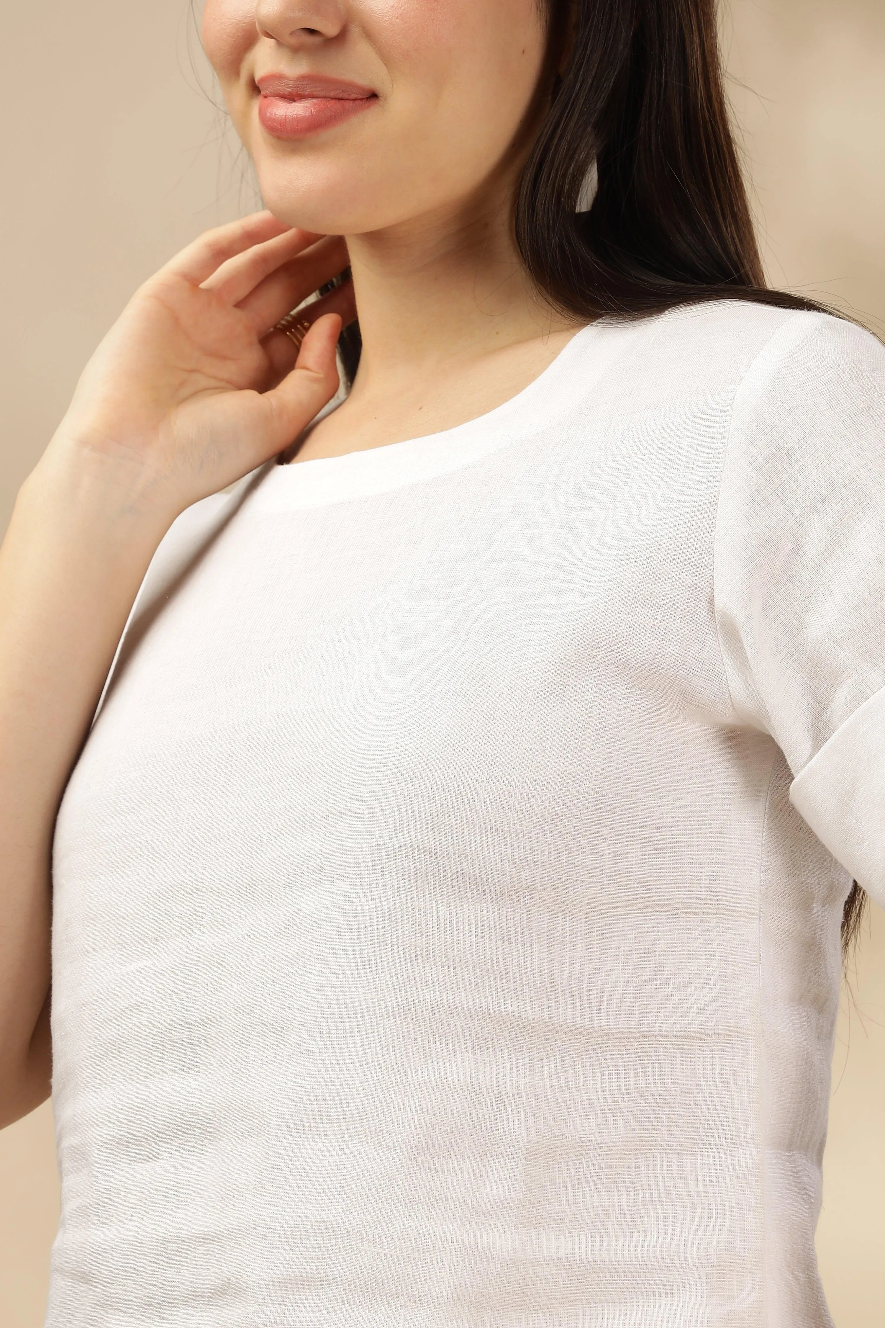 AMORA - Timeless Elegance Pure Linen Top  Round Neck - White