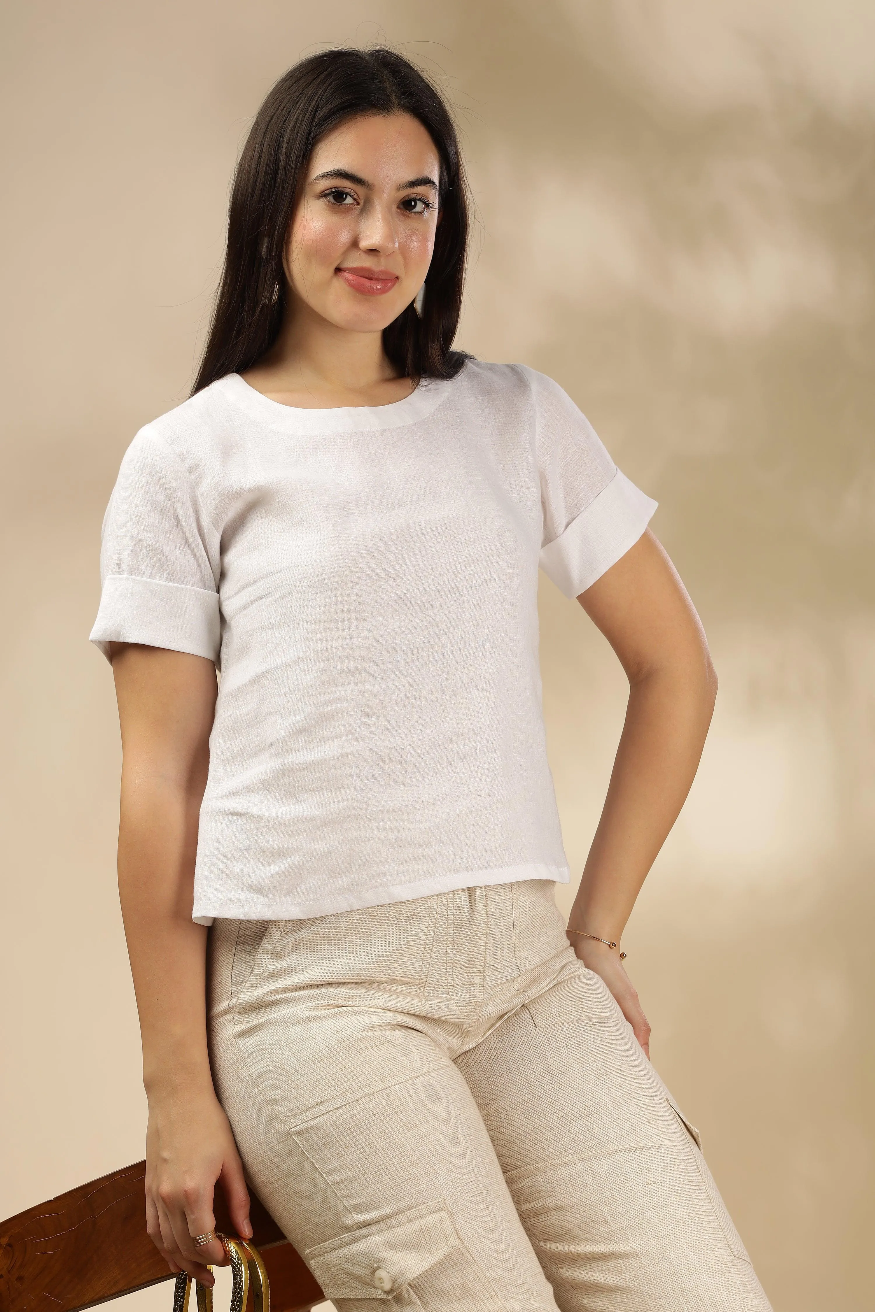 AMORA - Timeless Elegance Pure Linen Top  Round Neck - White