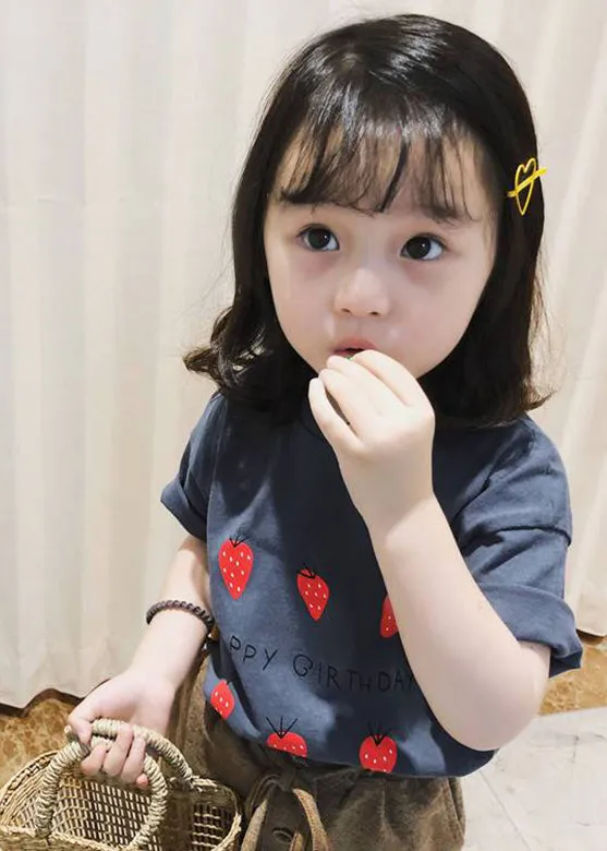 Art Grey Strawberry Print Kids Girls Tops Short Sleeve YU1063