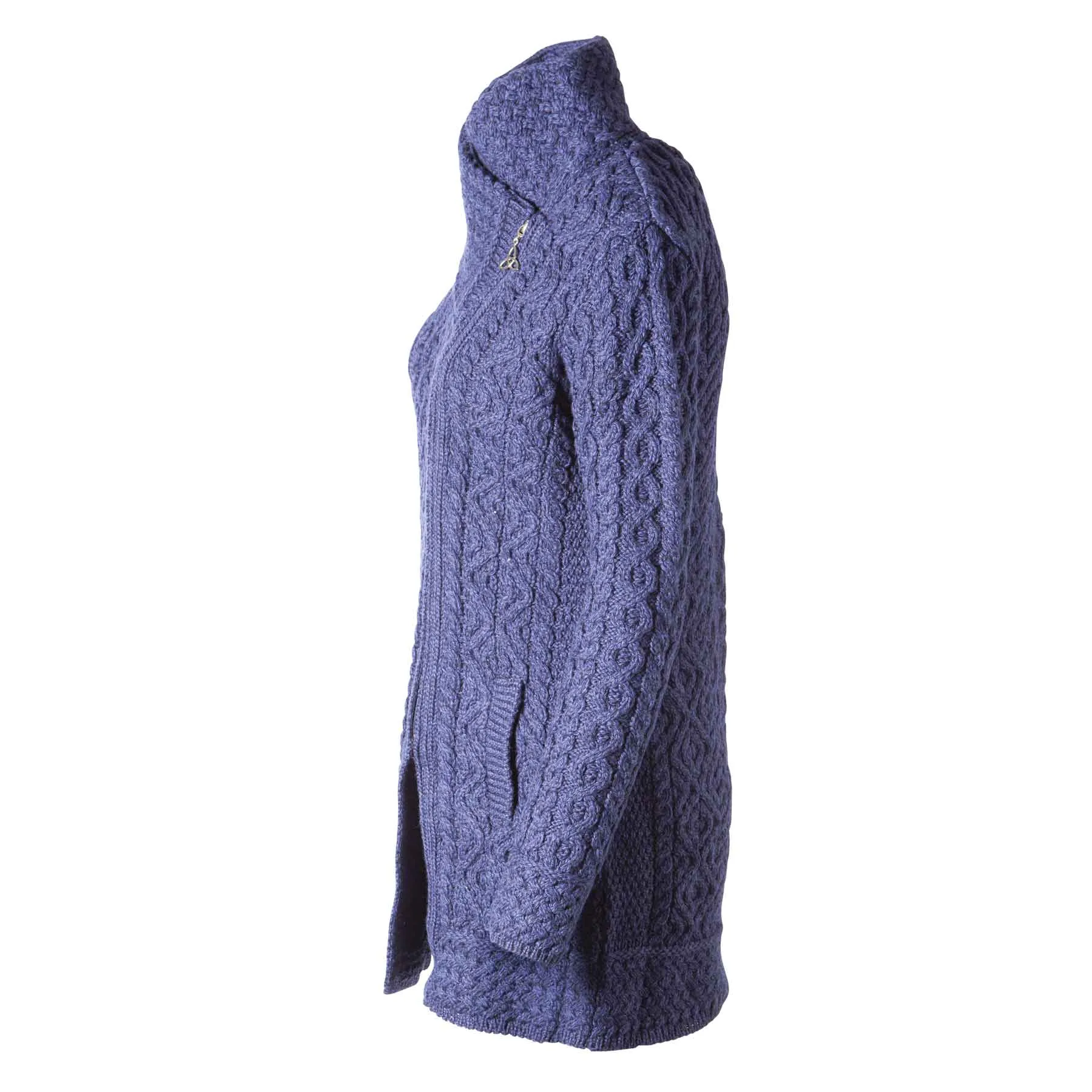 Athenry Asymmetric Side Zip Aran Knit Coat Jacket with Shawl Collar, Midnight Blue