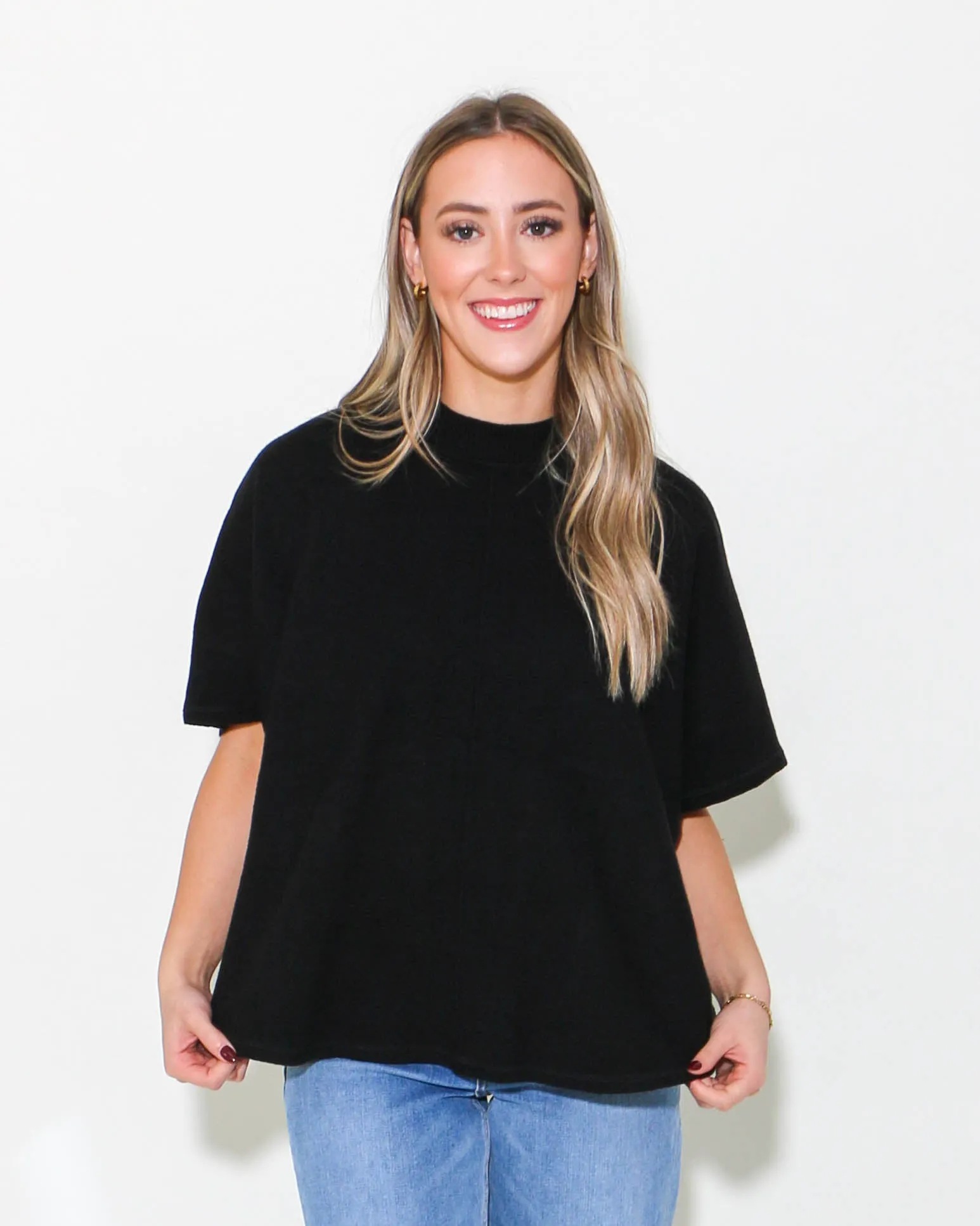 Black Mock Neck Half Sleeve Top