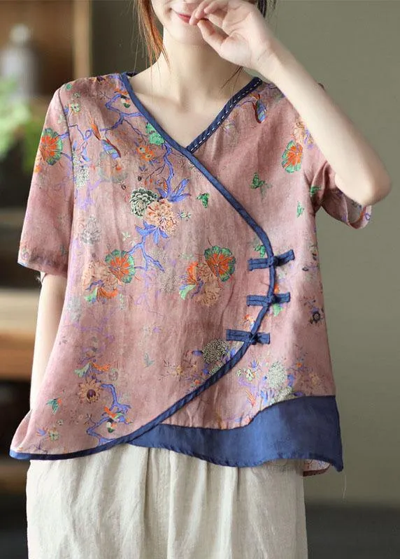 Blue Print Ramie Oriental Summer Tops