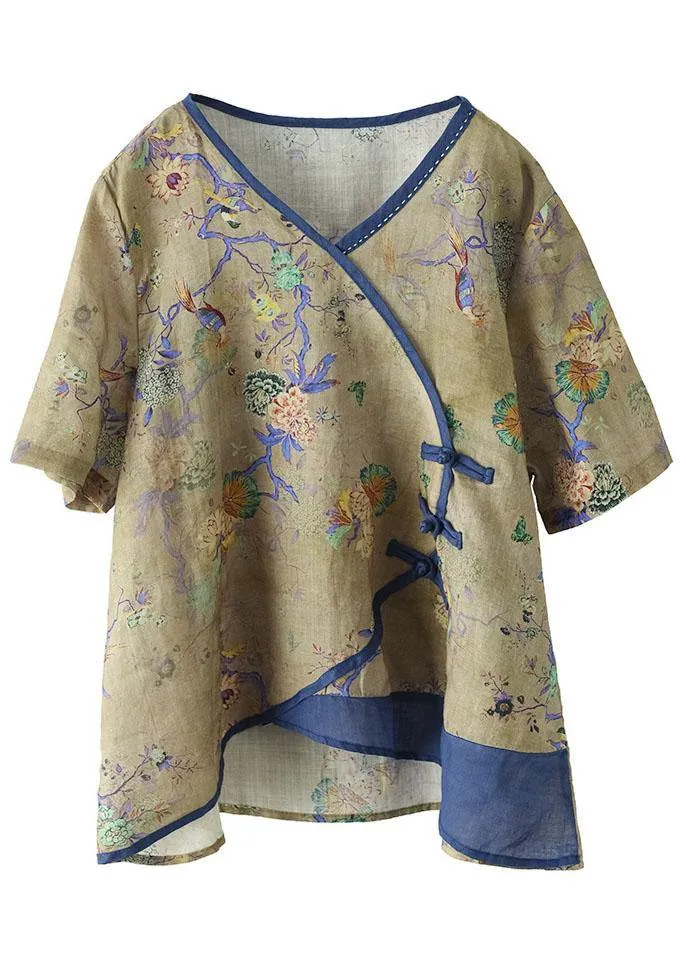 Blue Print Ramie Oriental Summer Tops