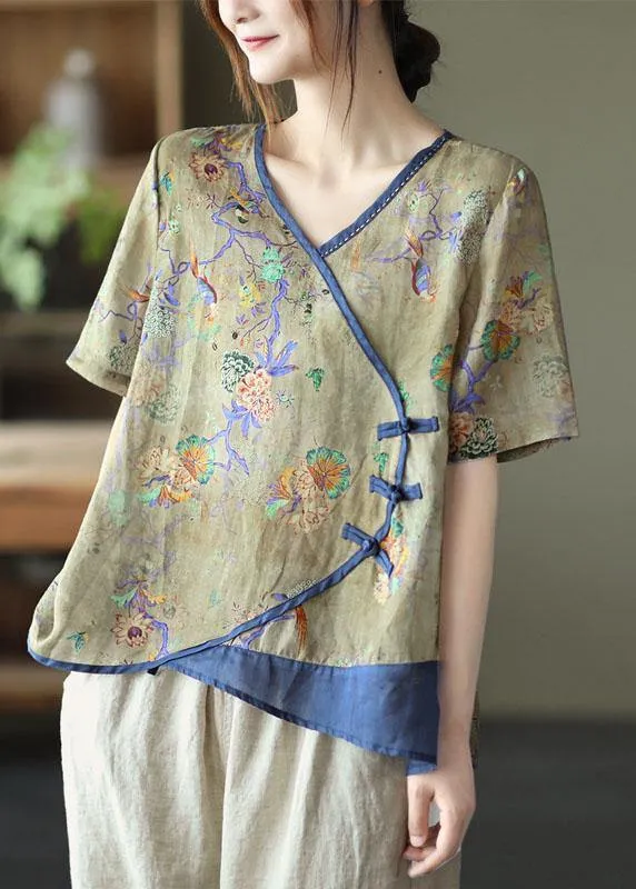 Blue Print Ramie Oriental Summer Tops