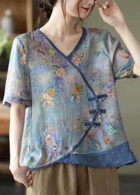 Blue Print Ramie Oriental Summer Tops