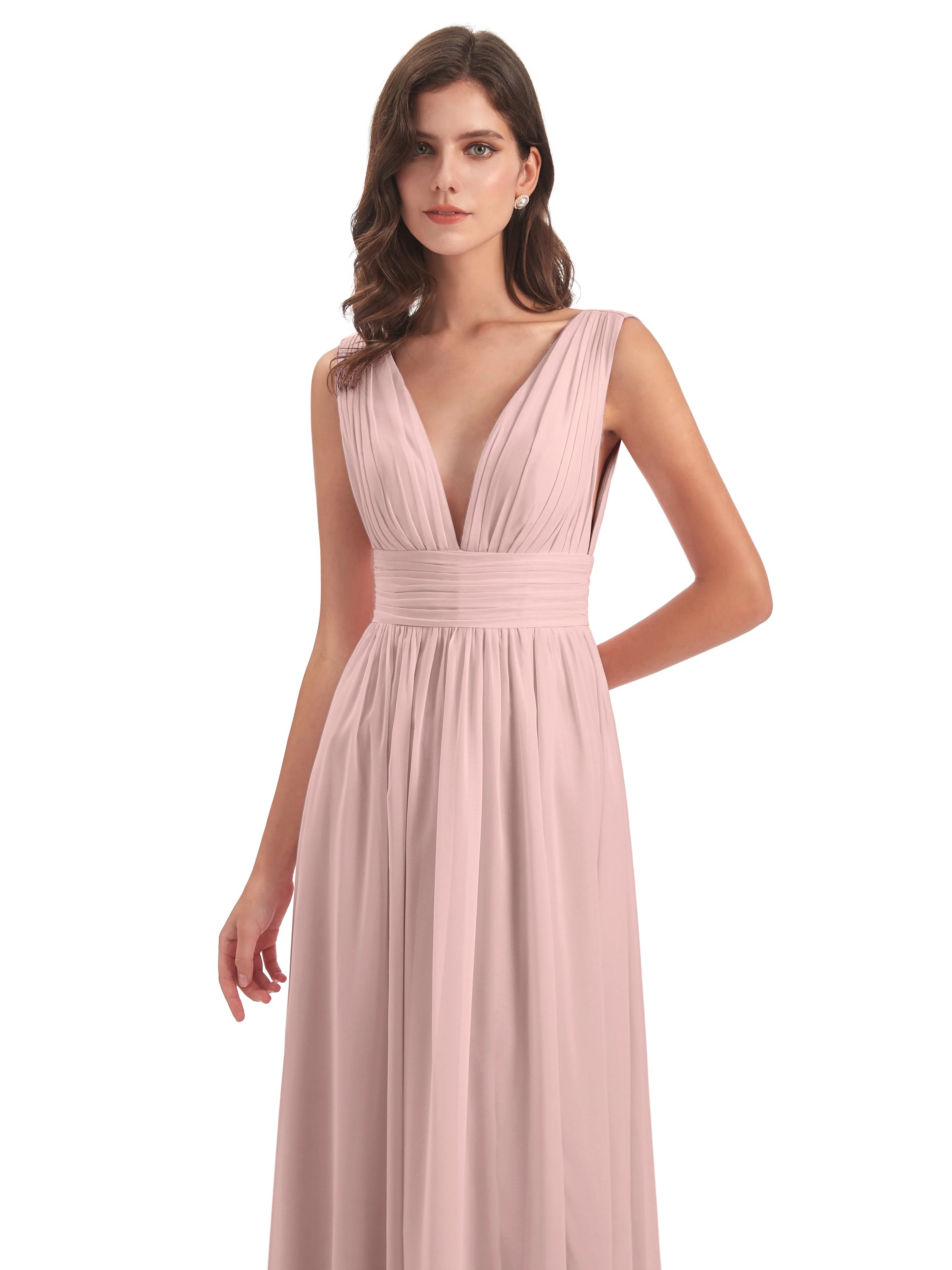 Bridesmaid Dresses Dusty Rose Charming Chiffon V Neck Split Long Bridesmaid Dresses