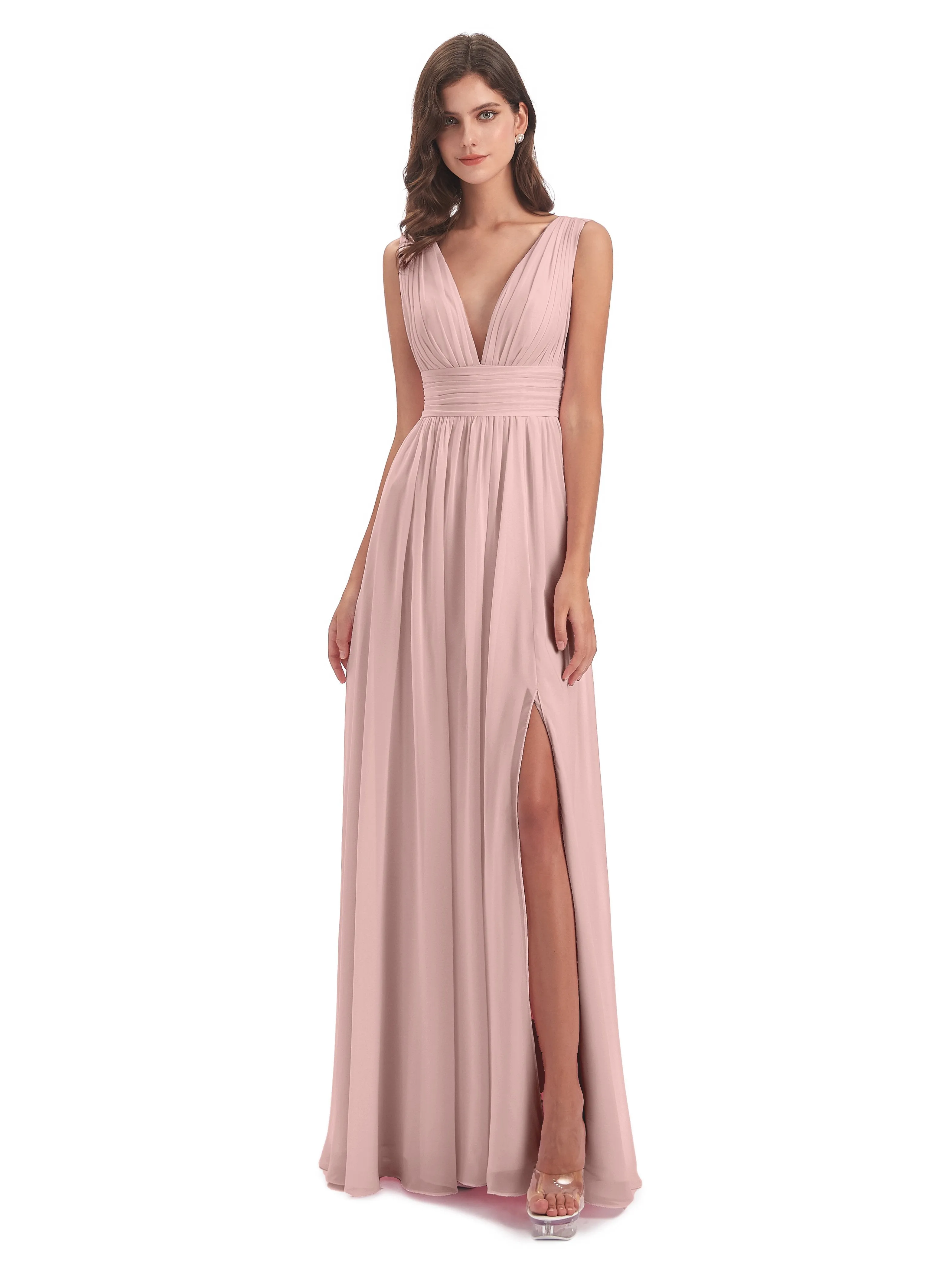 Bridesmaid Dresses Dusty Rose Charming Chiffon V Neck Split Long Bridesmaid Dresses