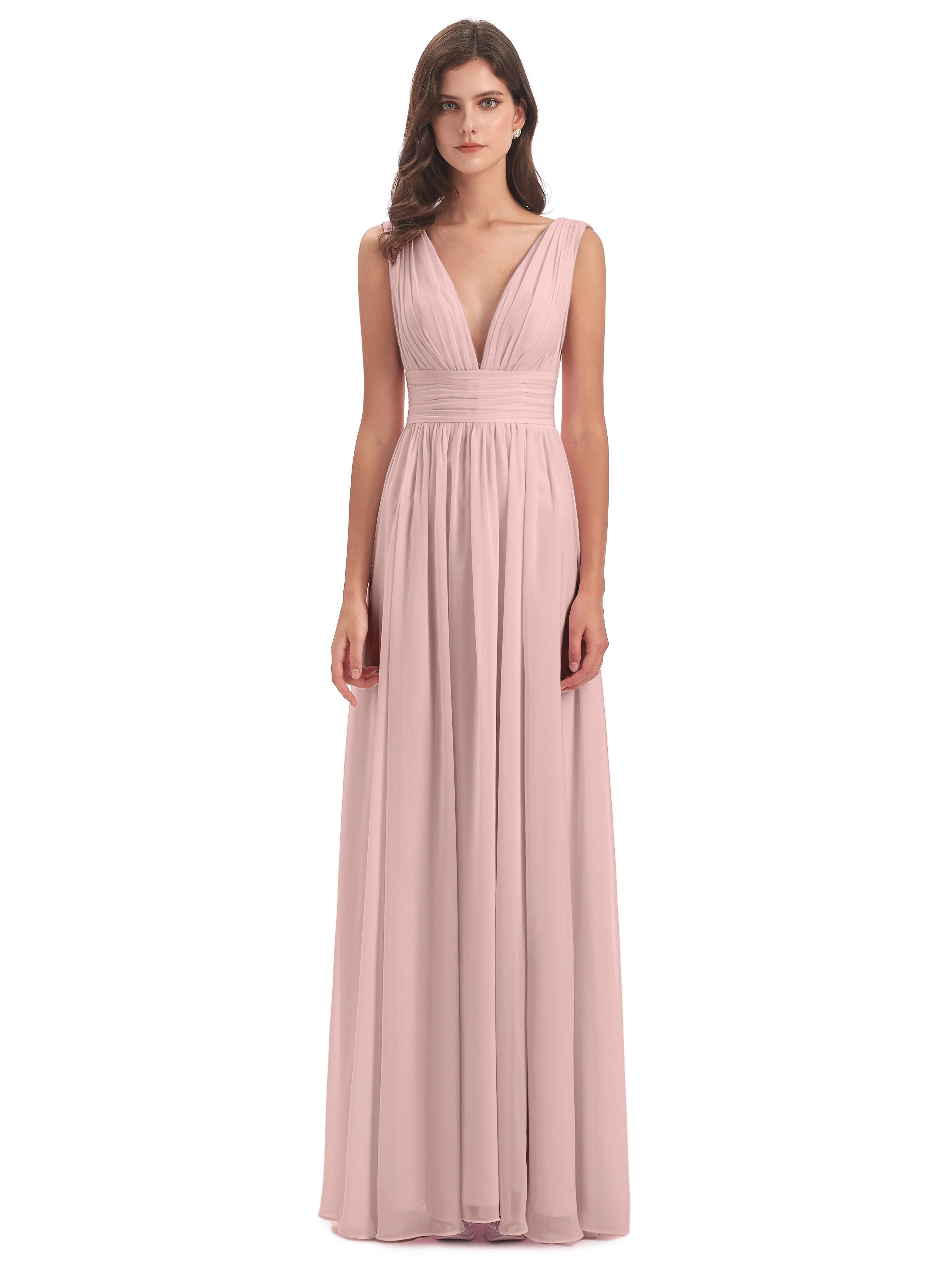 Bridesmaid Dresses Dusty Rose Charming Chiffon V Neck Split Long Bridesmaid Dresses