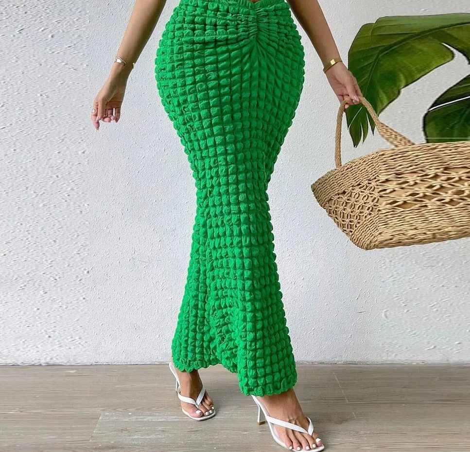 Bubble  Green Ankle-Length Long Skirt