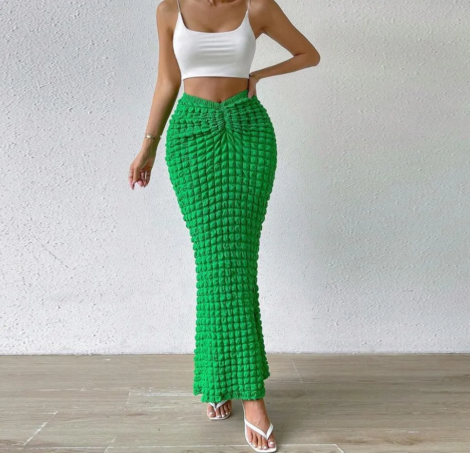 Bubble  Green Ankle-Length Long Skirt