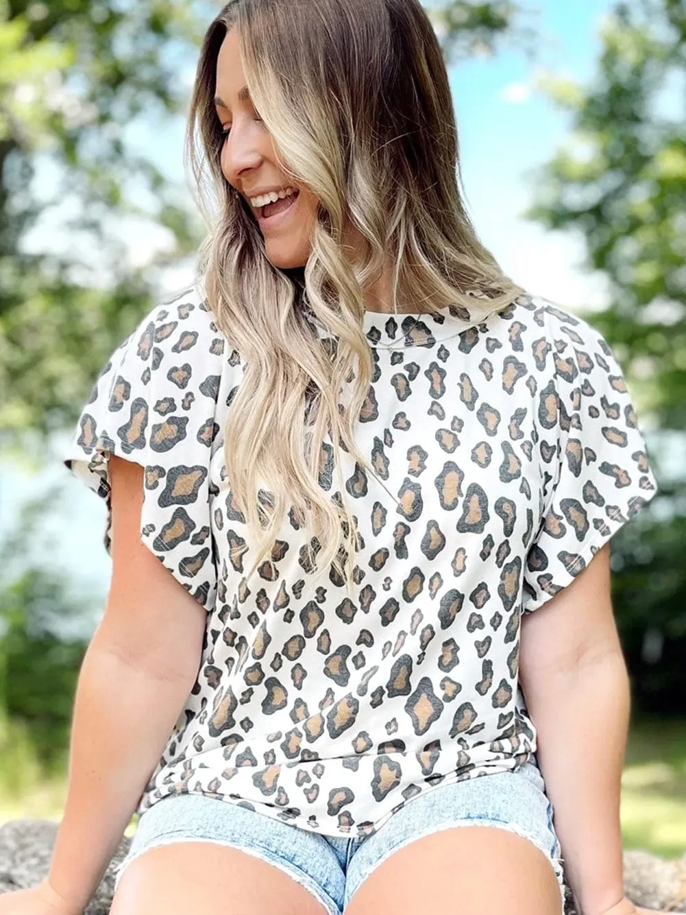 Butterfly Sleeve White Leopard Print Blouse