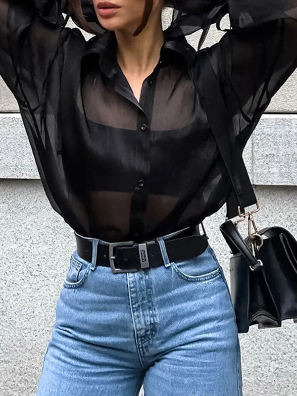 Buttoned See-Through Solid Color Long Sleeves Loose Lapel Blouses&shirts Tops