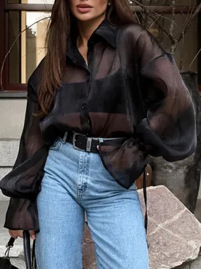 Buttoned See-Through Solid Color Long Sleeves Loose Lapel Blouses&shirts Tops