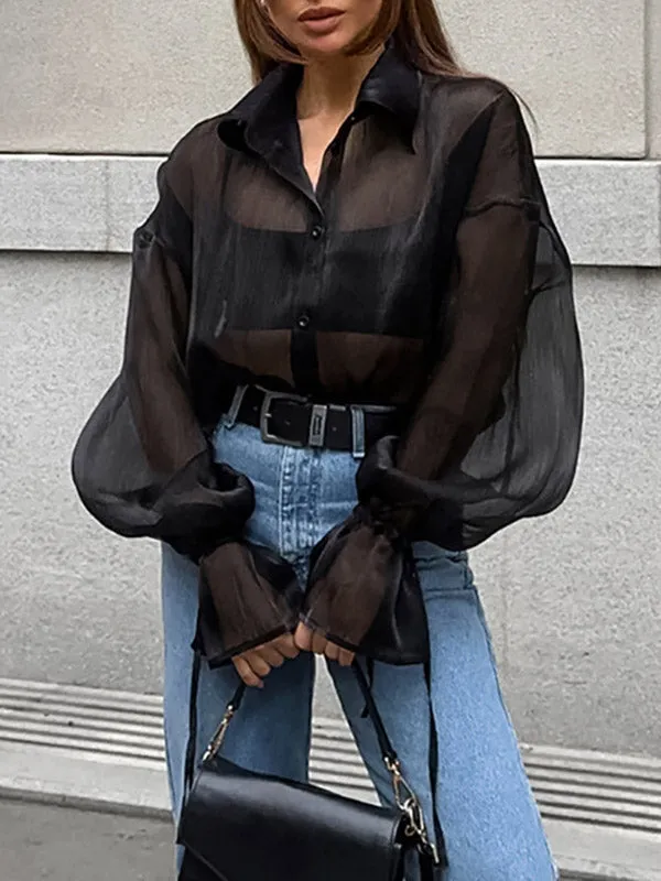 Buttoned See-Through Solid Color Long Sleeves Loose Lapel Blouses&shirts Tops