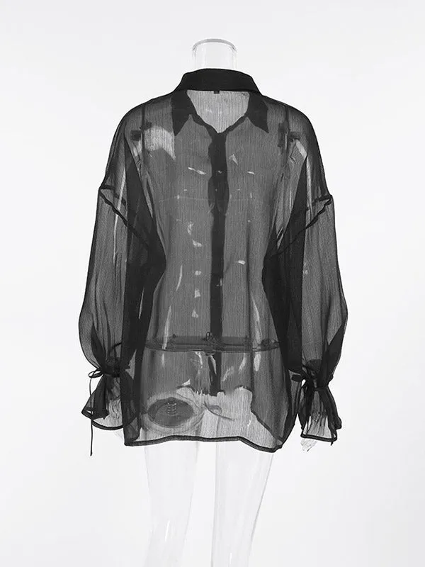 Buttoned See-Through Solid Color Long Sleeves Loose Lapel Blouses&shirts Tops