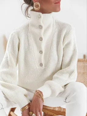 Buttoned Solid Color Long Sleeves High-neck Sweater Tops