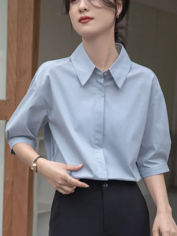 Buttoned Solid Color Split-Joint Half Sleeves Loose Lapel Blouses&Shirts Tops