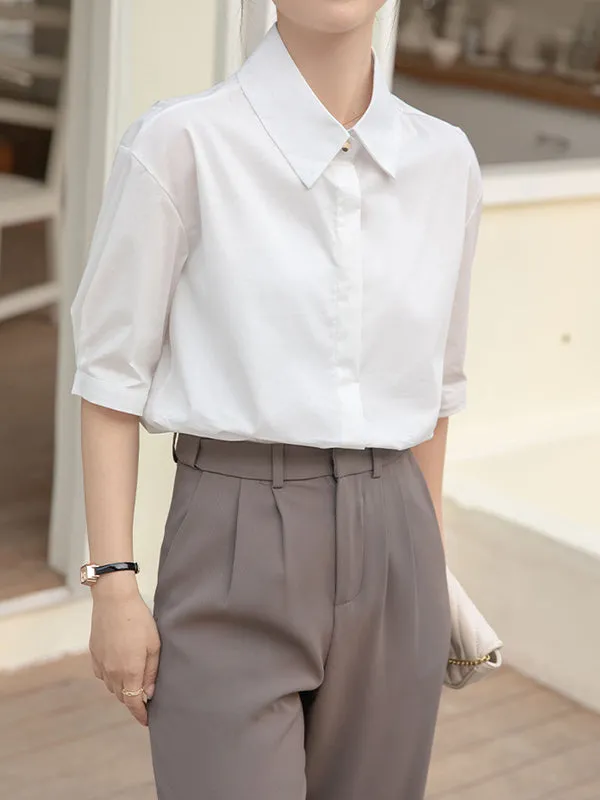 Buttoned Solid Color Split-Joint Half Sleeves Loose Lapel Blouses&Shirts Tops