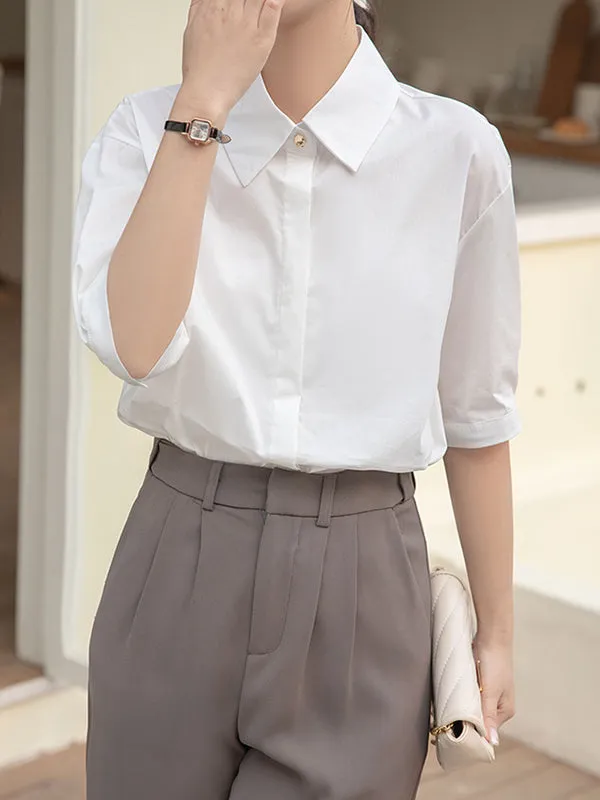 Buttoned Solid Color Split-Joint Half Sleeves Loose Lapel Blouses&Shirts Tops