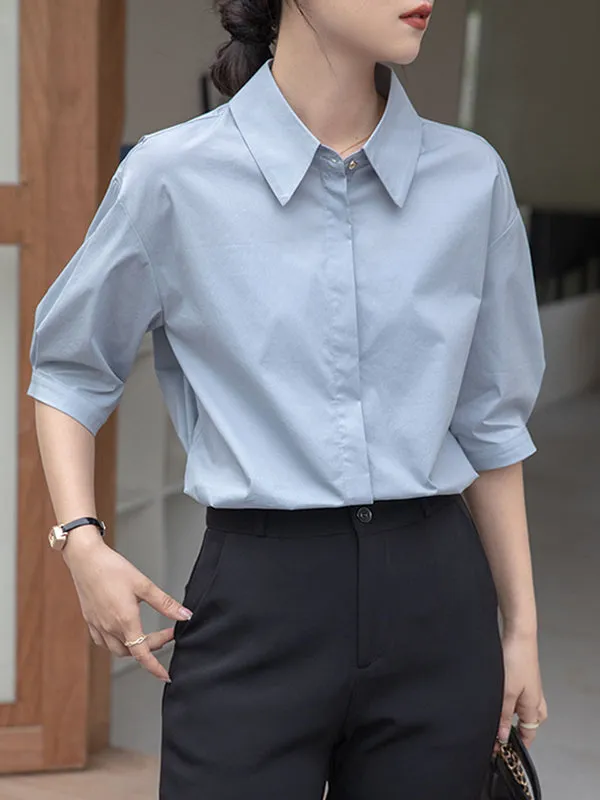 Buttoned Solid Color Split-Joint Half Sleeves Loose Lapel Blouses&Shirts Tops