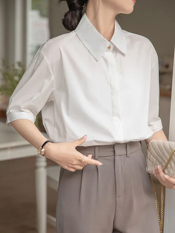 Buttoned Solid Color Split-Joint Half Sleeves Loose Lapel Blouses&Shirts Tops