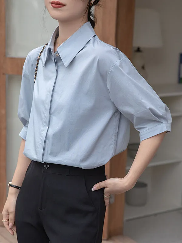 Buttoned Solid Color Split-Joint Half Sleeves Loose Lapel Blouses&Shirts Tops