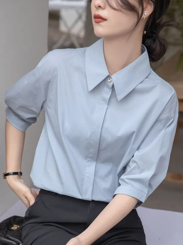 Buttoned Solid Color Split-Joint Half Sleeves Loose Lapel Blouses&Shirts Tops