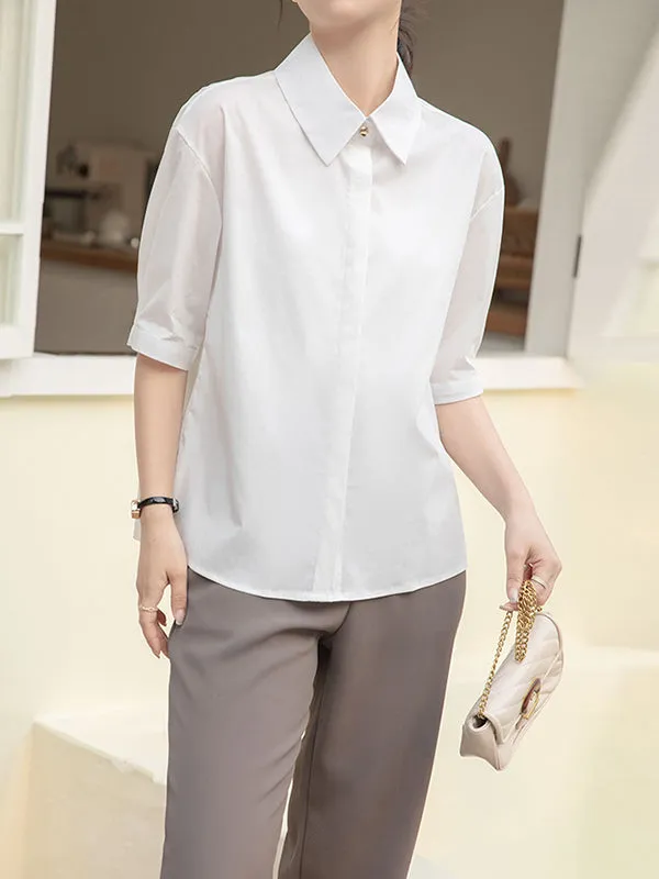 Buttoned Solid Color Split-Joint Half Sleeves Loose Lapel Blouses&Shirts Tops