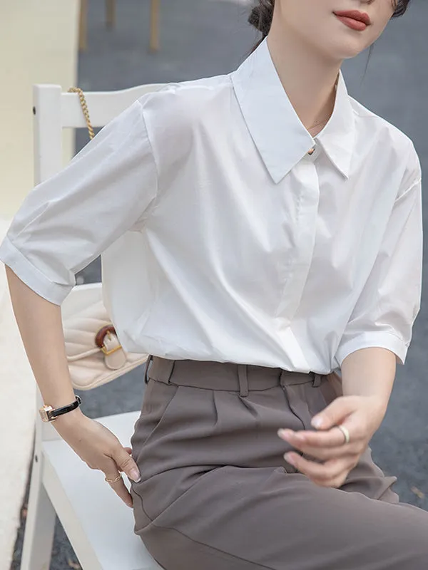 Buttoned Solid Color Split-Joint Half Sleeves Loose Lapel Blouses&Shirts Tops