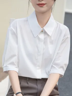 Buttoned Solid Color Split-Joint Half Sleeves Loose Lapel Blouses&Shirts Tops