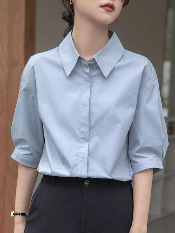 Buttoned Solid Color Split-Joint Half Sleeves Loose Lapel Blouses&Shirts Tops