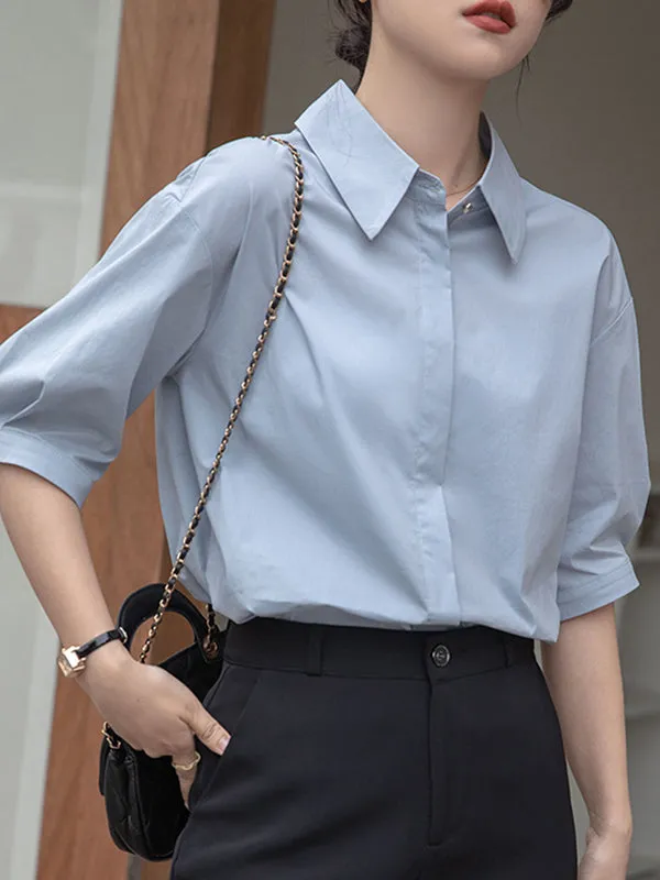 Buttoned Solid Color Split-Joint Half Sleeves Loose Lapel Blouses&Shirts Tops