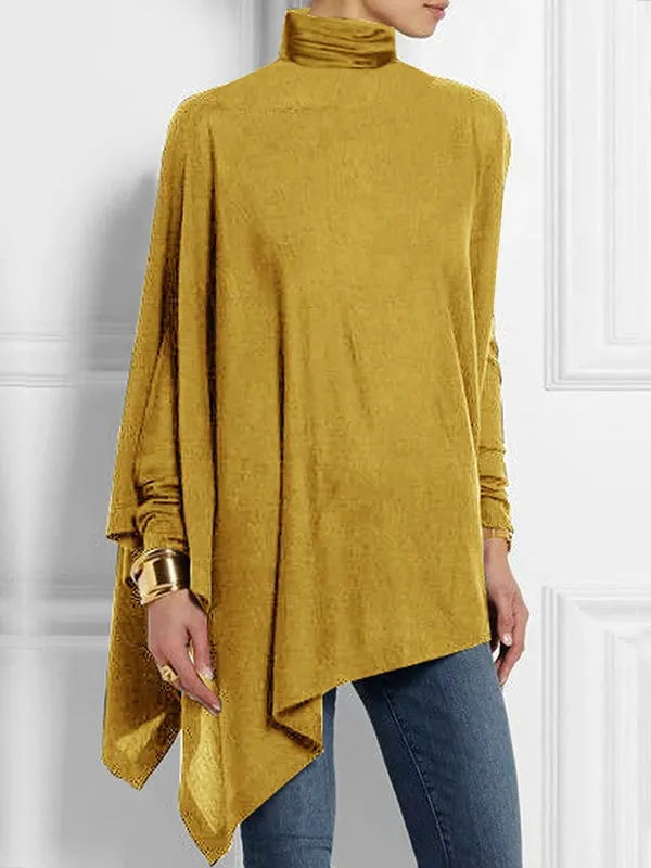 Casual Loose Long Sleeves Asymmetric Solid Color High-Neck T-Shirts Tops