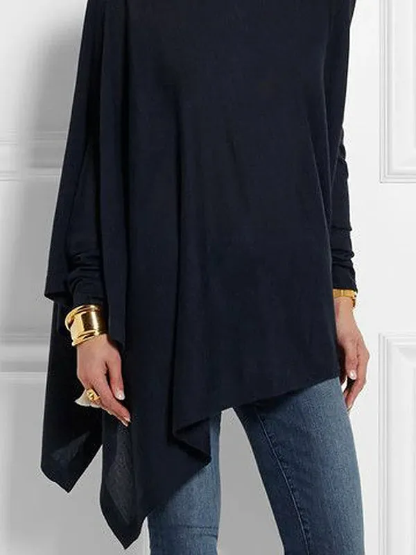 Casual Loose Long Sleeves Asymmetric Solid Color High-Neck T-Shirts Tops