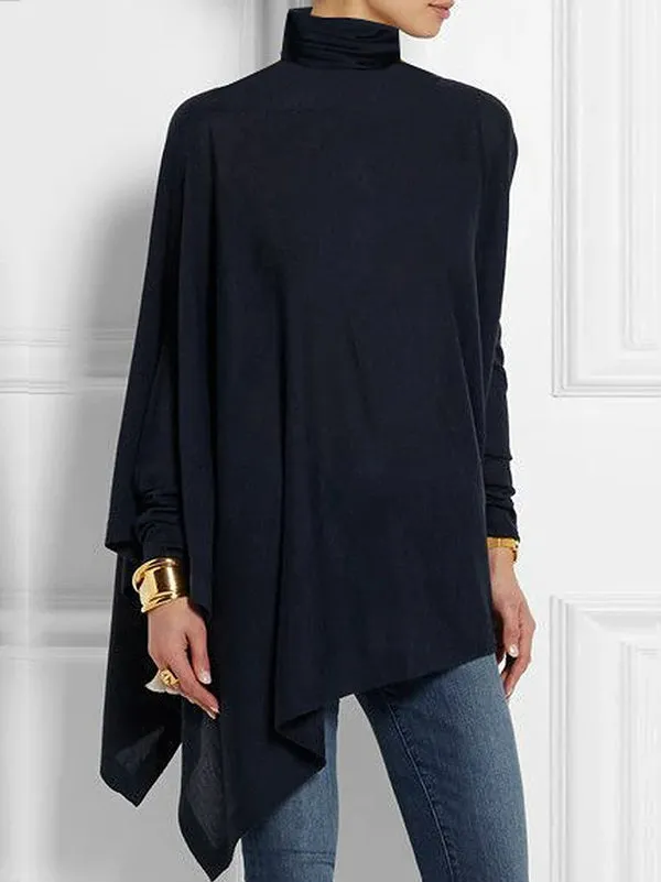 Casual Loose Long Sleeves Asymmetric Solid Color High-Neck T-Shirts Tops