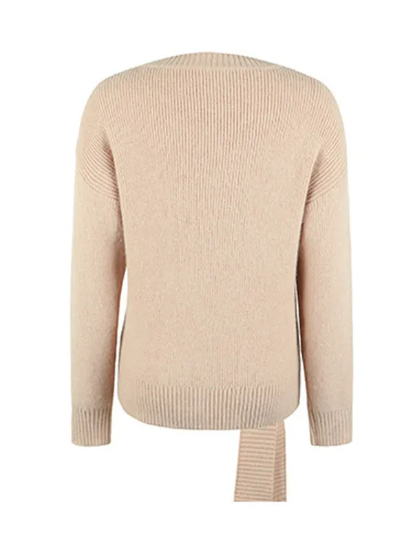 Casual Loose Long Sleeves Tied Solid Color Off-The-Shoulder Sweater Tops