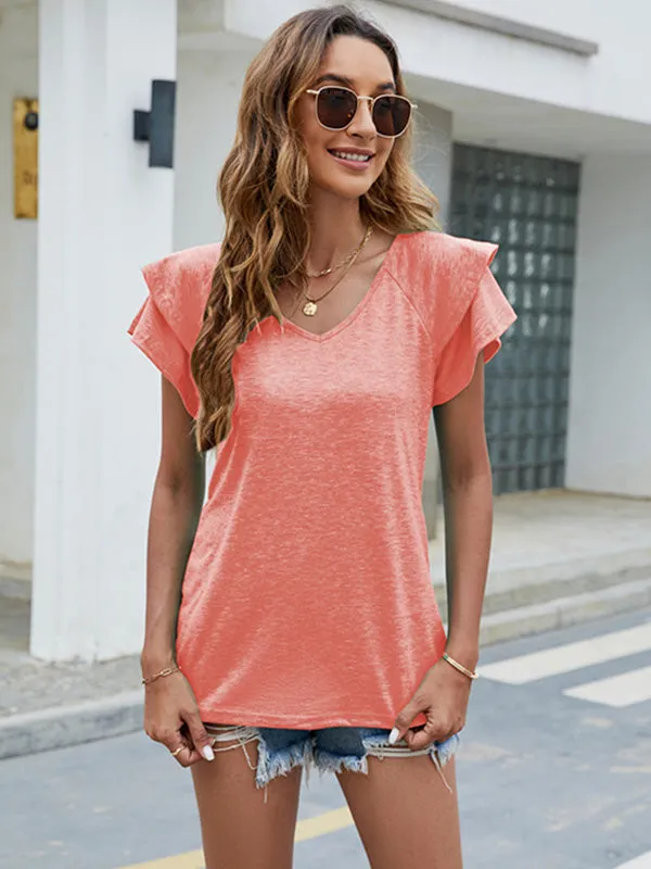 Casual Short Sleeves Falbala Solid Color V-Neck T-Shirts Tops