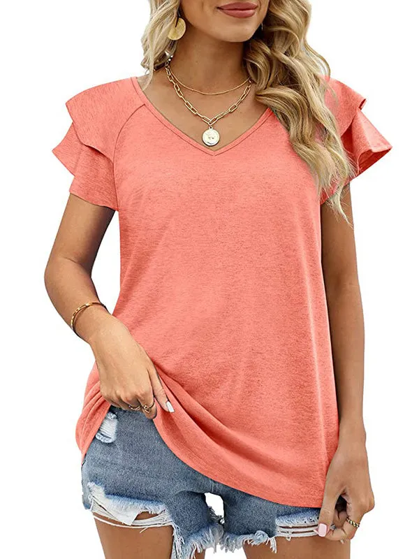 Casual Short Sleeves Falbala Solid Color V-Neck T-Shirts Tops