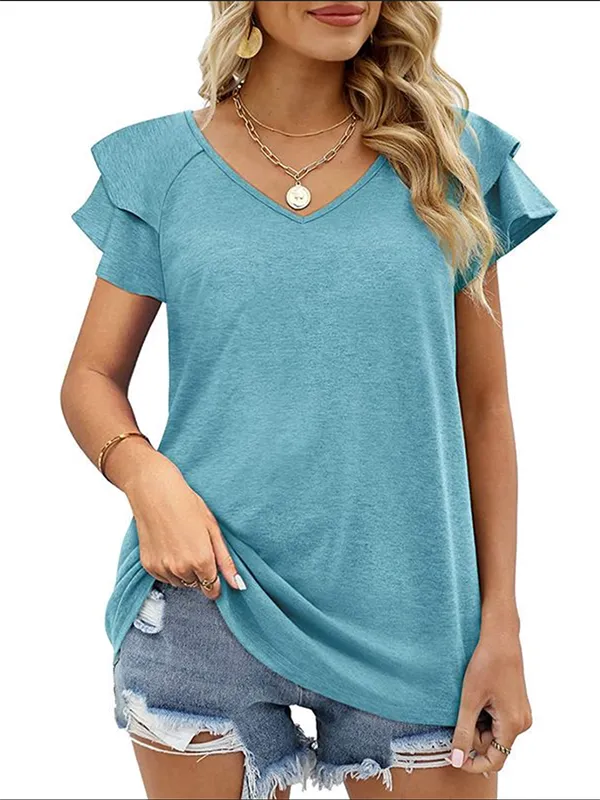 Casual Short Sleeves Falbala Solid Color V-Neck T-Shirts Tops