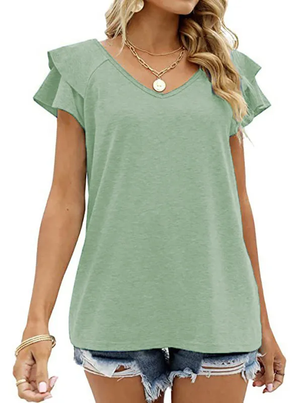 Casual Short Sleeves Falbala Solid Color V-Neck T-Shirts Tops