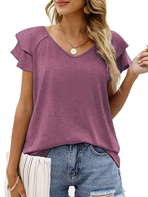 Casual Short Sleeves Falbala Solid Color V-Neck T-Shirts Tops