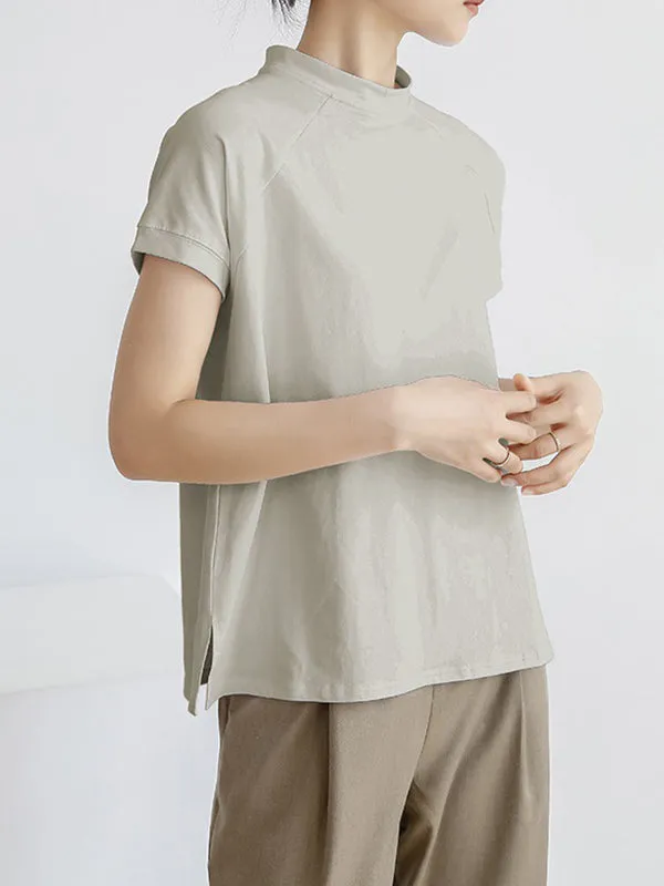 Casual Short Sleeves Loose Solid Color Stand Collar T-Shirts Tops