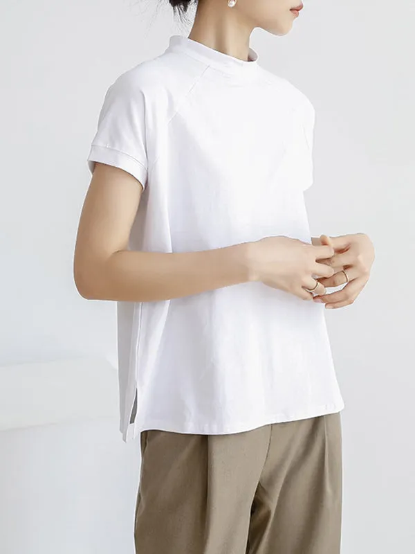 Casual Short Sleeves Loose Solid Color Stand Collar T-Shirts Tops