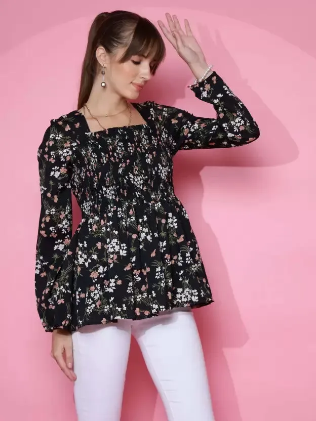 Chic Black Floral Peplum Top