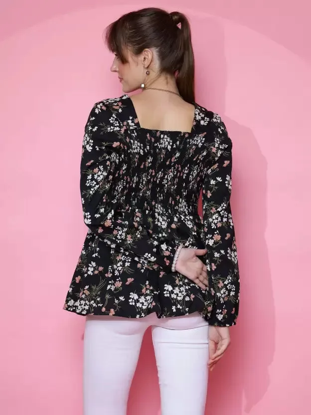 Chic Black Floral Peplum Top