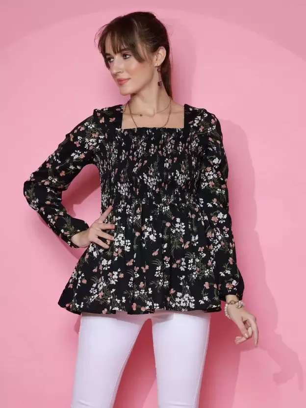 Chic Black Floral Peplum Top